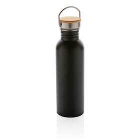 Moderne Stainless-Steel Flasche mit Bambusdeckel, schwarz